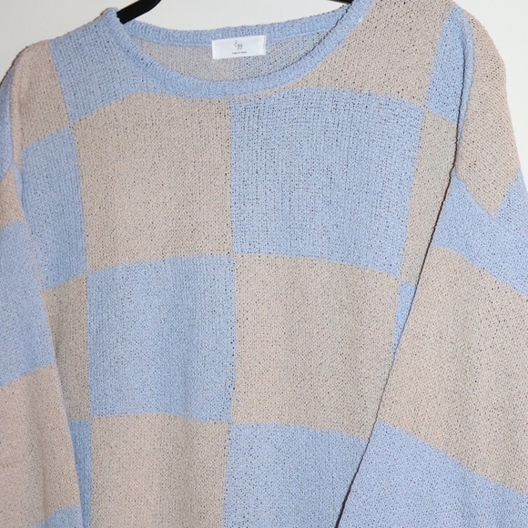 Egg Blue and Tan Checkered Sweater M/L Made in Korea - Picture 2 of 5
